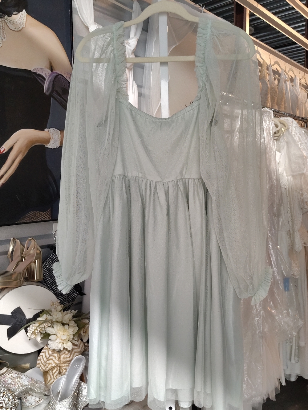 Eloquii Sweetheart Tulle Mini Dress Mint Green Sheer Sleeve Fit Flare 14 NWT - Picture 4 of 7